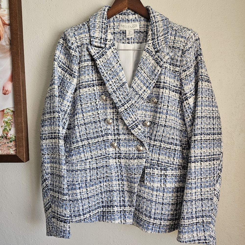 Rachel Zoe NWT Tweed Blazer Double Breasted Blue White Sz Large